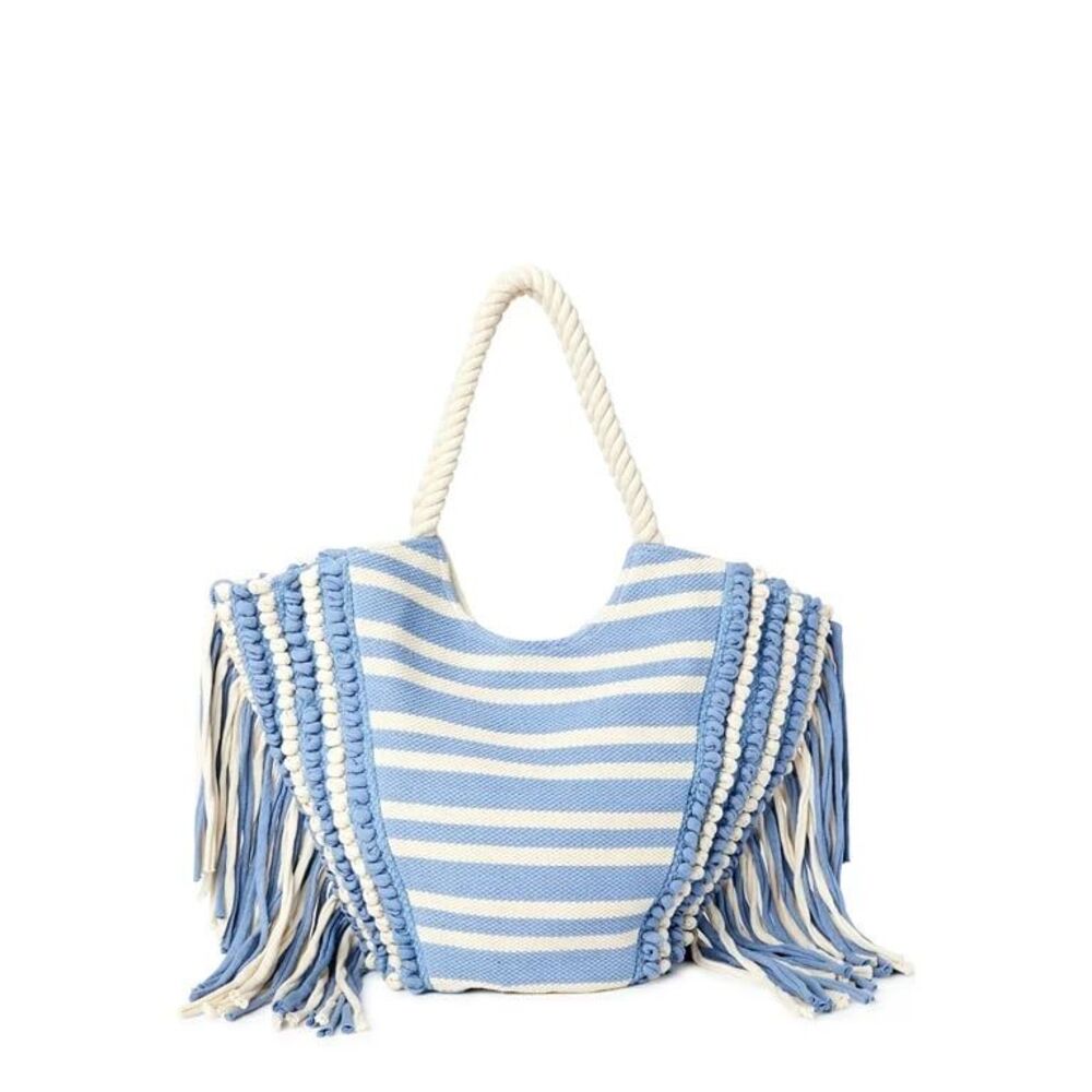 Boho Macrame Stripe Fringe Woven Southwestern Rope Handles Beach Open Tote Bag